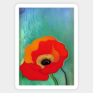 LIGHT RED  POPPY WITH BLUE AND GREEN BACKGROUND Sticker